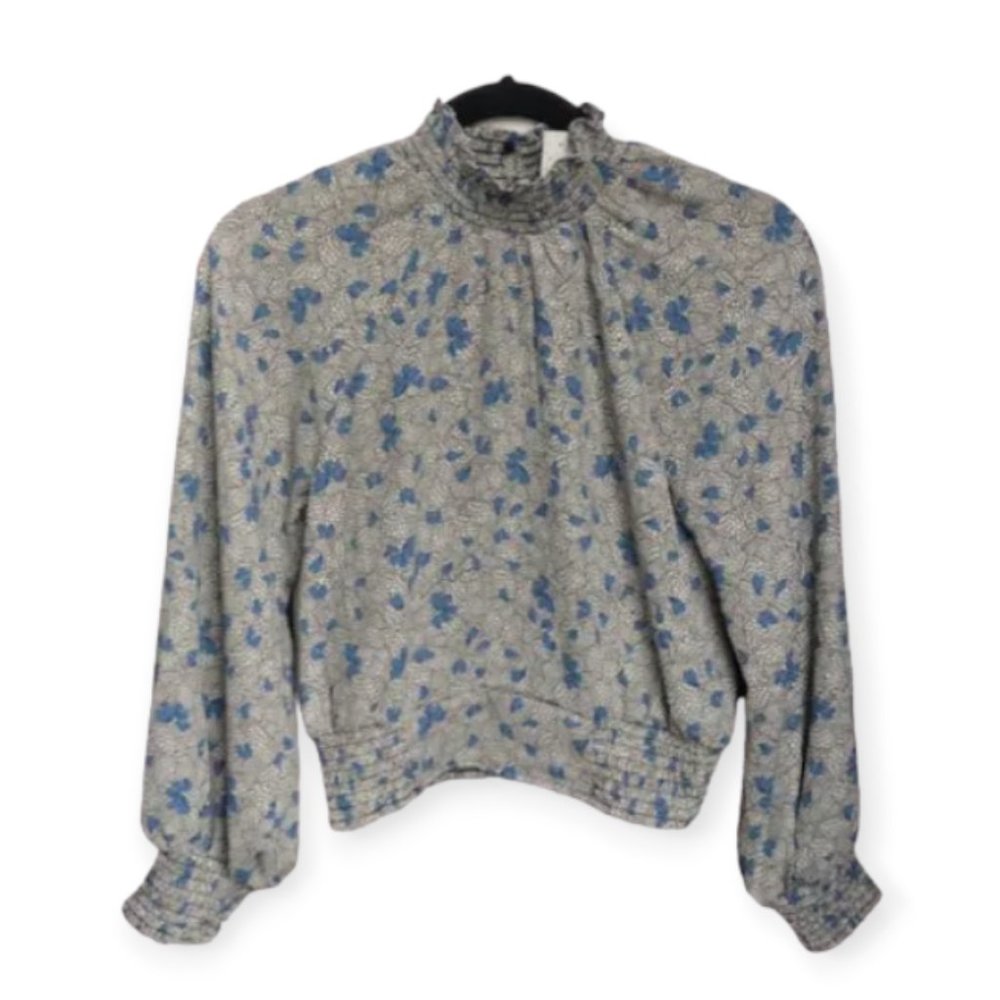 NWT Cropped Blue black white Floral Mock Neck Blouse Sienna Sky Women's Small